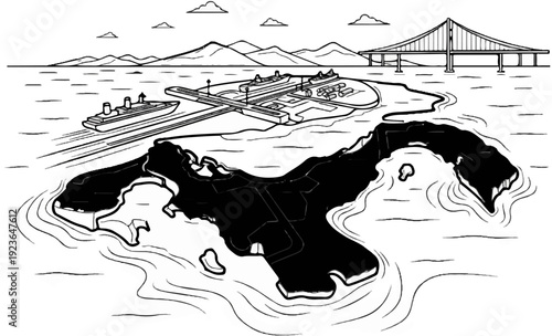 Illustration of a coastal port with ships, island, mountains, and a bridge