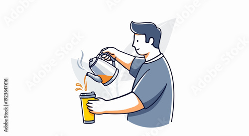 Man pouring hot beverage from teapot into takeaway cup
