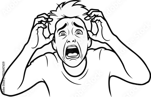 Man screaming in terror, pulling hair out