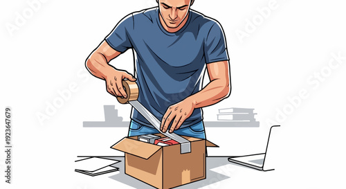 Man tapes up a cardboard box filled with items while a laptop is nearby