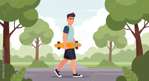 Man walking with skateboard in park, surrounded by trees