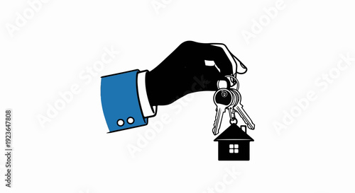Hand in blue suit holding keys with house charm