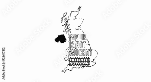 Map outline of UK with "The UK Is Not Innocent" text and barbed wire