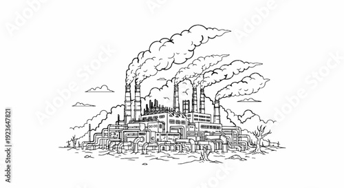 Industrial complex with smoking chimneys and barren landscape