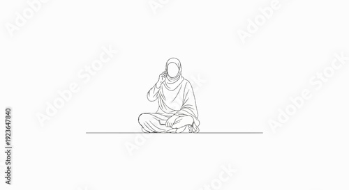 Line art of a person in hijab sitting cross-legged and talking on a phone