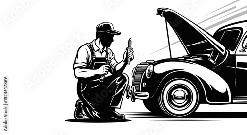 Mechanic working on a vintage car with hood open
