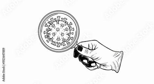 Hand in glove holds magnifying glass over coronavirus