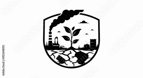 Industrial pollution impacting a struggling sapling in a cracked earth