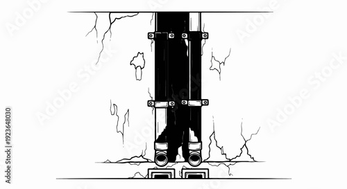 Industrial plumbing runs vertically down a cracked concrete wall to two grates