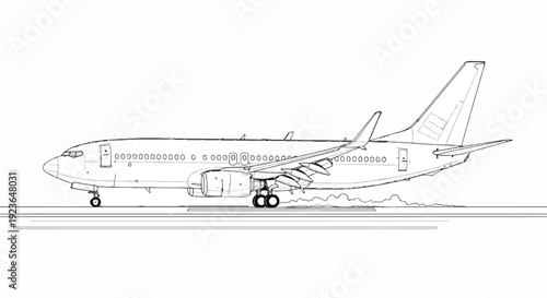 Line art of a commercial airliner on a runway, appearing to be taking off or landing