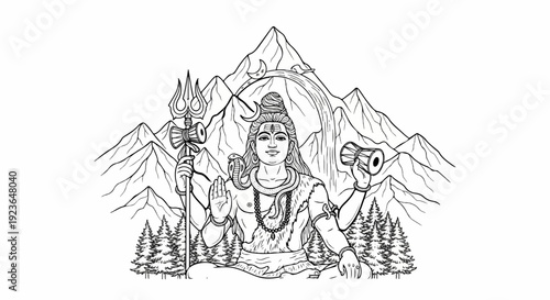 Meditative deity sits cross-legged before majestic mountains with waterfall and trees