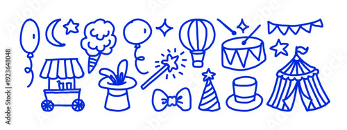 Circus set with tent, drum, balloons, cotton candy, magic hat. Kids event design. Cirque performance, funny carnival, party design. Hand drawn vector illustration.