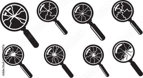 Magnifying Glass Icons with Various Cracked Glass Reflections Displayed