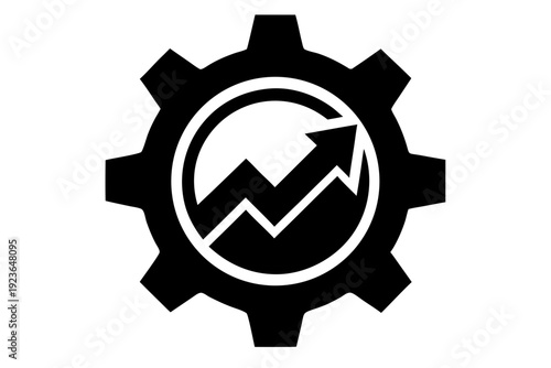 black gear icon with rising arrow symbol,  black gear icon