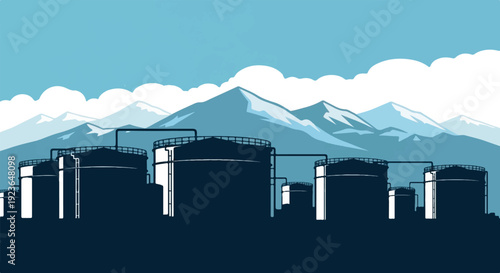 Industrial storage tanks against a backdrop of snow-capped mountains and a blue sky