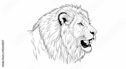 Line art illustration of a fierce lion's head roaring, detailed mane