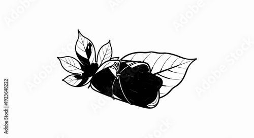 Hand-drawn illustration of a food item wrapped in leaves and tied with string