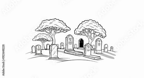 Hand-drawn illustration of a graveyard with trees, tombstones, and shadows
