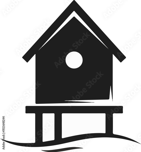 Minimalist black and white icon of a birdhouse on stilts above wavy lines