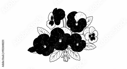 Hand-drawn illustration of blooming viola flowers in a monochromatic style