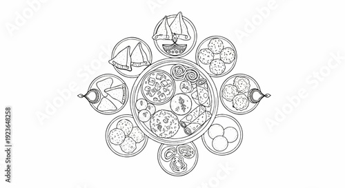 Hand-drawn Indian food platter with snacks, sweets, and fried items