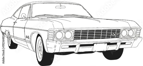 Line art illustration of a classic coupe automobile from a low-angle perspective