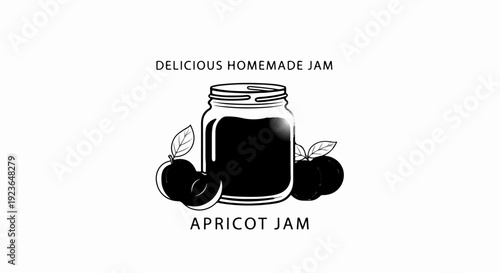 Hand-drawn jar filled with dark jam, surrounded by apricots and leaves