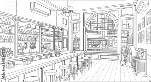 Interior of a classic bar with a streetcar visible through arched window