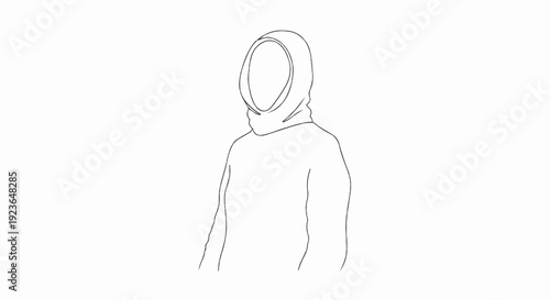 Line art drawing of a person wearing a hooded garment