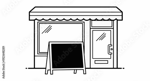 Minimalist black and white illustration of a storefront with a sandwich board sign