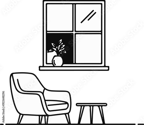 Interior scene with a plush armchair, small table, and window with a potted plant