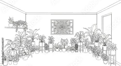 Interior scene with a multitude of potted houseplants and wall art