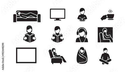 Relaxation icons set featuring people reading and meditating