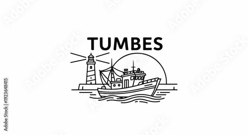 Lighthouse and fishing boat at sea with sun behind