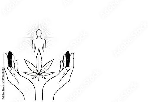 Hands hold objects around a glowing figure and cannabis leaf
