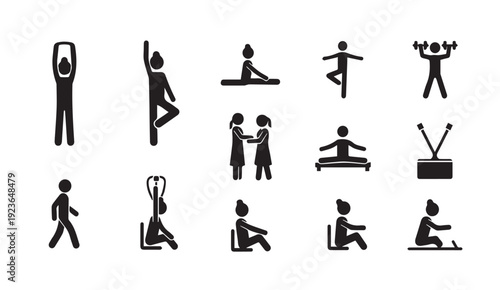 Various people exercising and stretching in different poses and activities