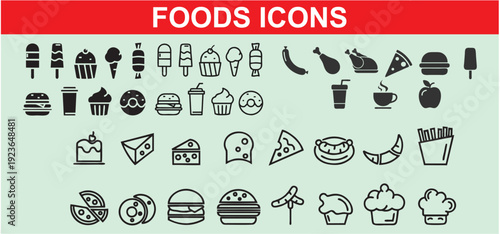 Food and Drinks Icons, Fast Food and Sweets, Solid Style