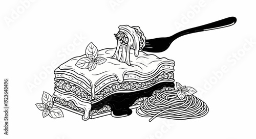 Layered savory bake with melted cheese, basil garnish, and a side of pasta