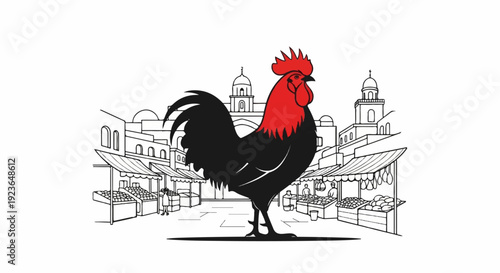 Large rooster stands in front of a bustling marketplace with arched buildings