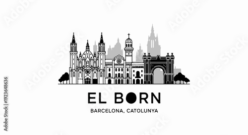Minimalist cityscape of El Born district buildings and arc, Barcelona