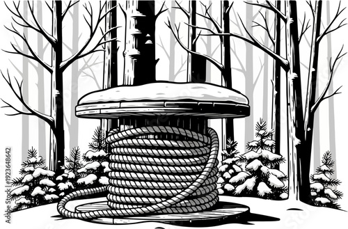 Large coil of rope on a wooden spool in a snowy forest