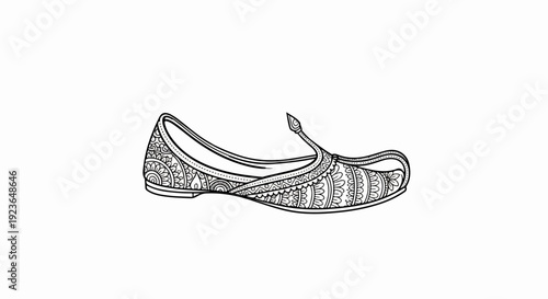 Intricate black and white line drawing of a single ornate flat shoe