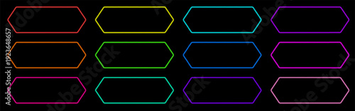 Modern neon tag in stretched hexagon shape with bright LED glow and soft 3D light. Clean vector element for neon action call banners, buy now labels, website UI and futuristic app design.
