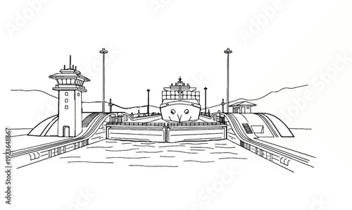 Large cargo ship entering canal locks with control towers