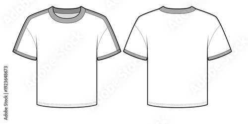 Women's Short-Sleeve Ringer Tee with Contrast Shoulder Taping-Front and Back View- Fashion Flat- Vector Illustration- CAD Mock-up