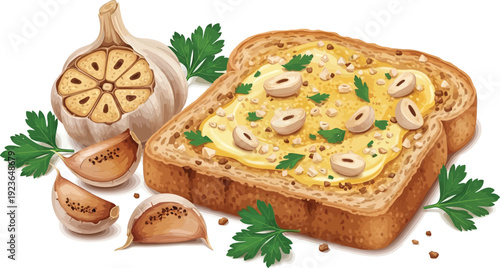 A delicious slice of garlic bread with mushrooms and parsley on a white background