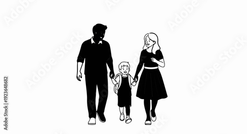 Happy family with child walks hand-in-hand, wearing a backpack