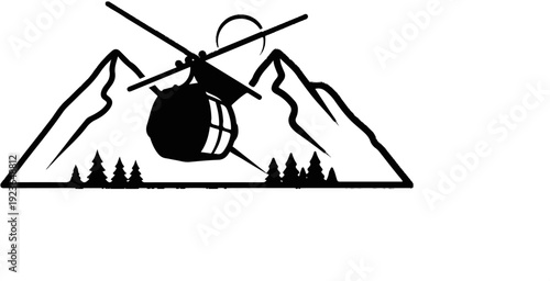 Helicopter flies over mountains and pine trees under a sun