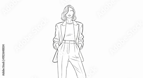 Minimalist fashion sketch of a woman in a suit with hands in pockets