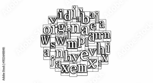 jumbled metal letterpress blocks forming a circular pattern